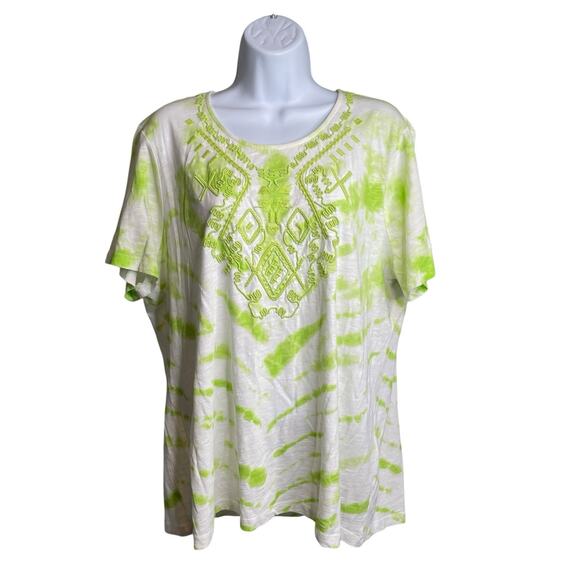 Chico's Women's Green Yellow Embroidered Top Size 3 XL Lightweight Boho Flowy - Picture 1 of 11